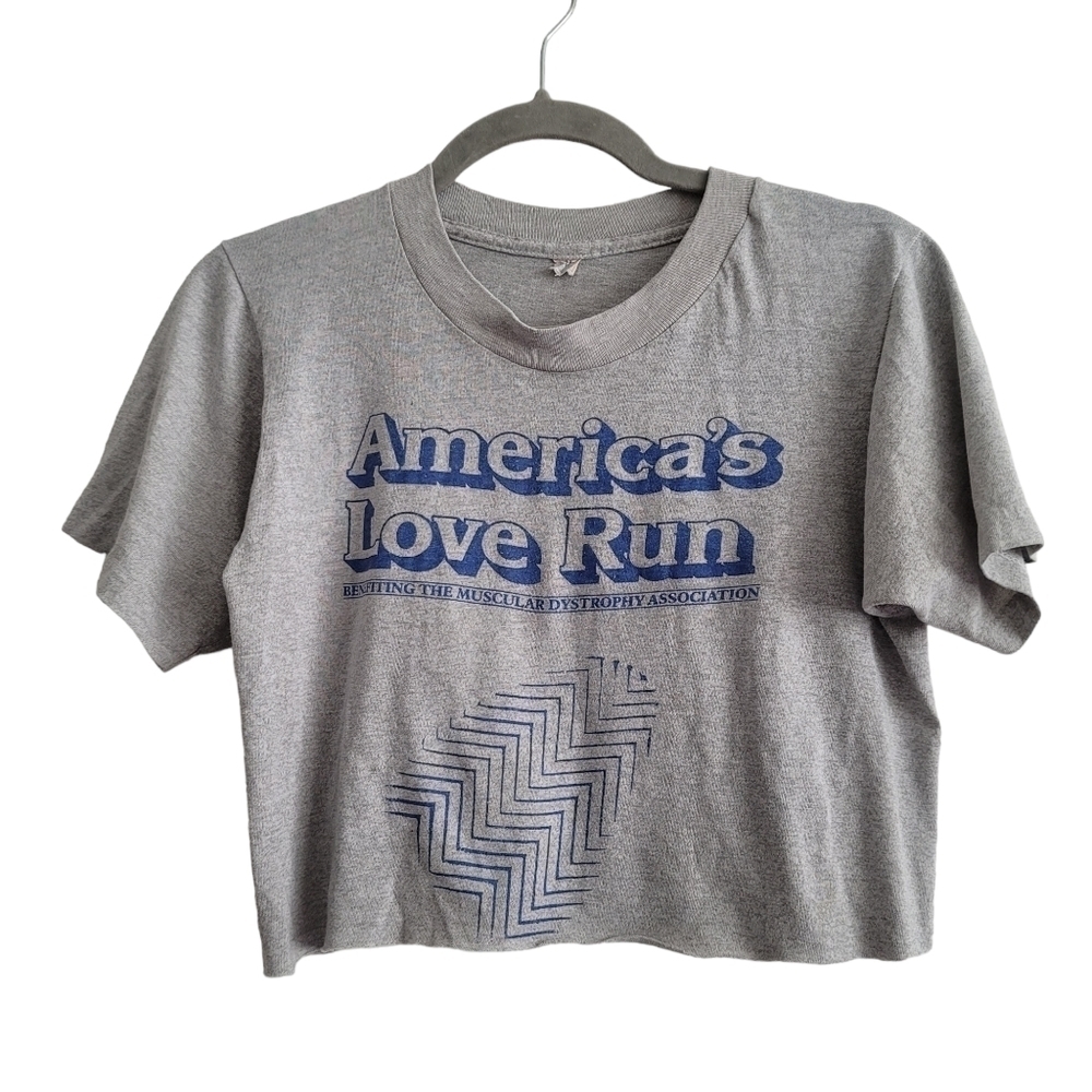 VTG America Love Run Gray Cropped Single‎ Stitch Shirt